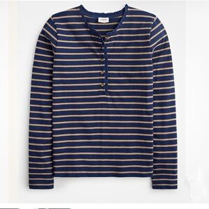J. Crew Blue Tan Striped Ruffle-Collar Henley Top